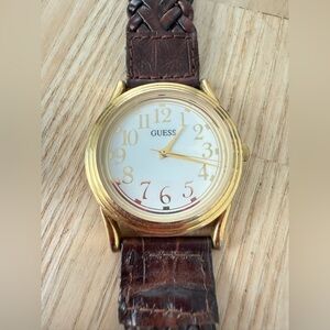Vintage guess ladies gold tone braided brown leather watch NEW BATTERY